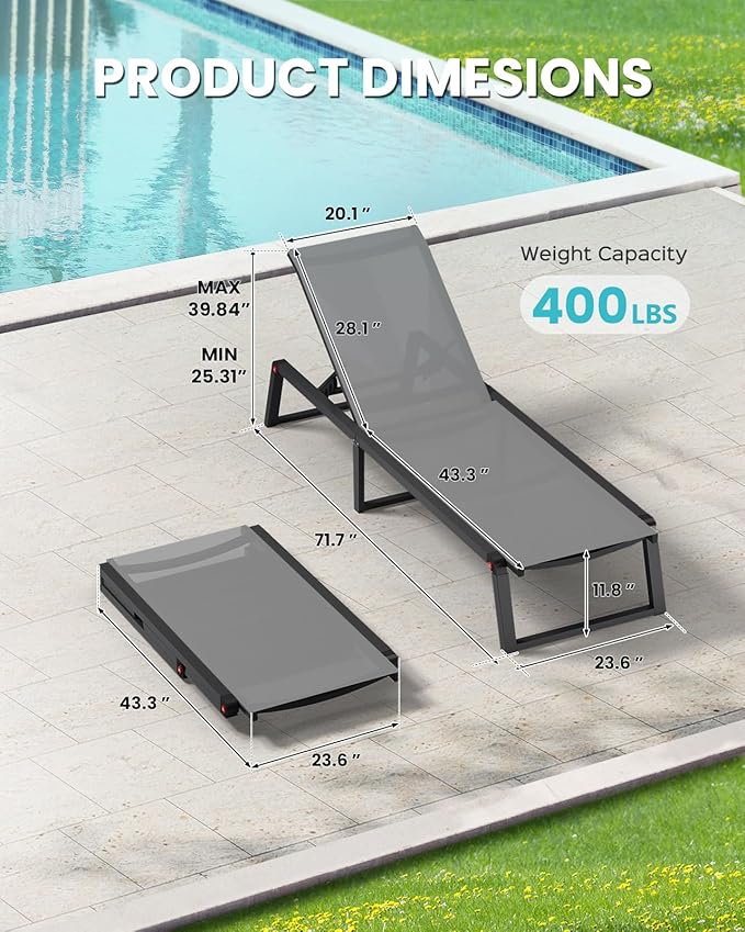 Aluminum Chaise Lounge Chair Outdoor Set of 2, Foldable & No Assembly Pool Lounge Chairs 5-Position Recliner for Outside Poolside, Fully Grounded Legs Sun Lounger for Patio, Beach, Dark Grey