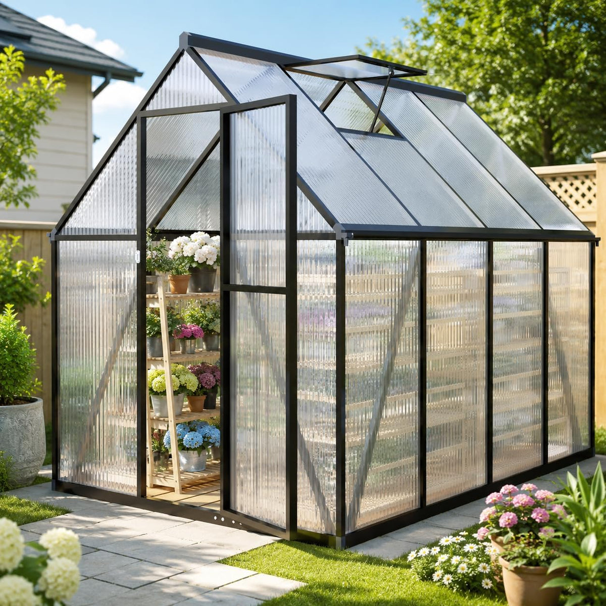 6x8ft polycarbonate greenhouse, with vented roof window, charcoal, main product view
