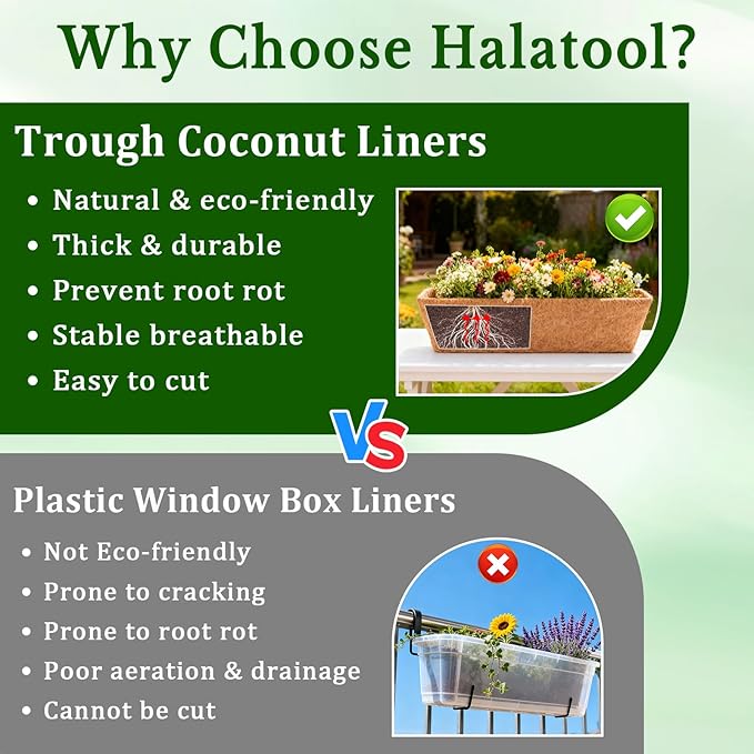 Halatool 2 Pack 24 Inch Window Box Liners, Pre-Formed Coco Fiber Replacement Liner, Natural Coconut Coir Planter Liners for Wall Hanging Basket, Flower Pot, Fence and Railing