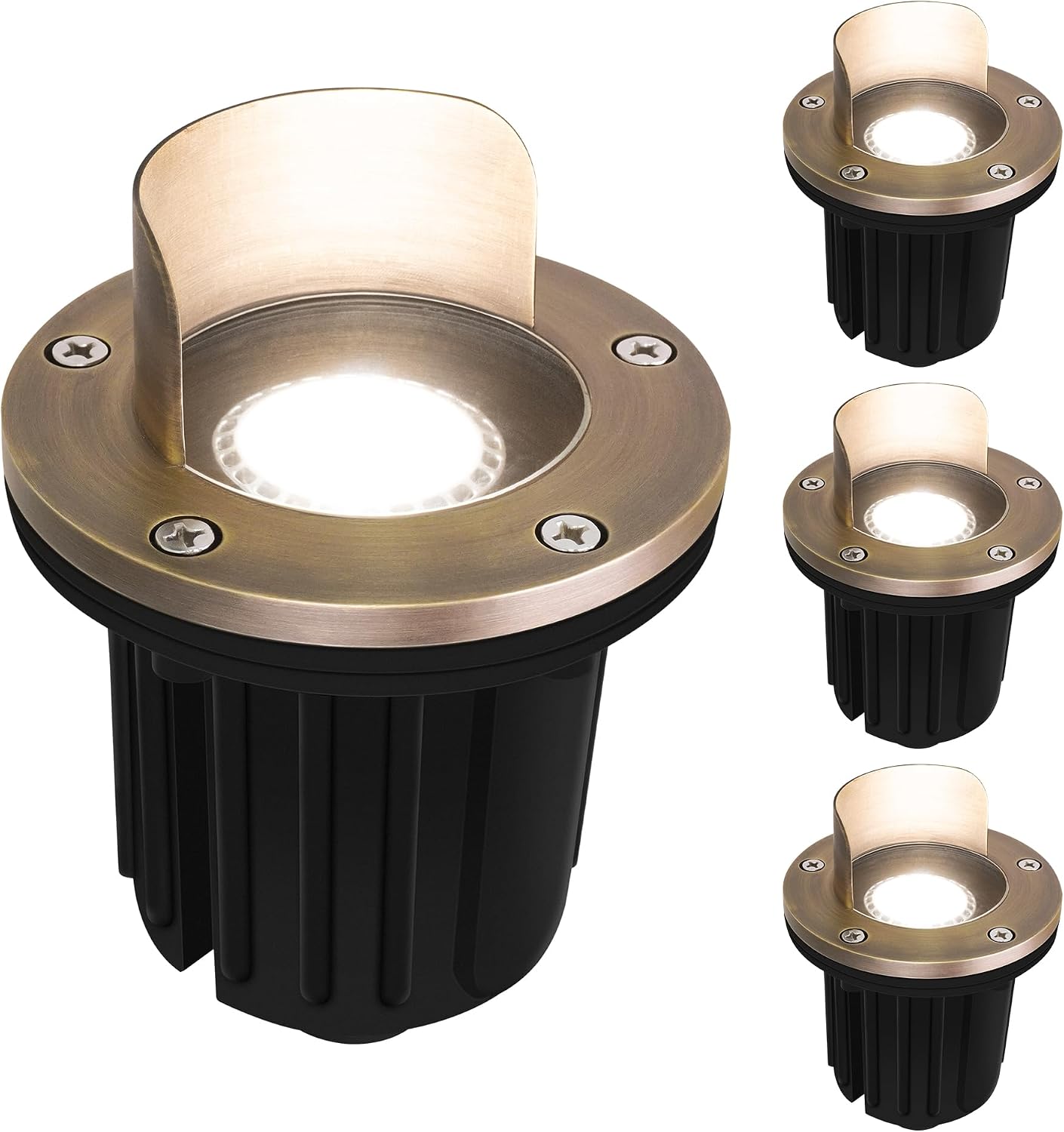 4 Pack, LED Brass Well Lights, 12V IP67 Waterproof Outdoor In Ground Light with MR16 Bulb and Swival Base, Low Voltage Landscape Lighting, 5W 2700K, Up Light for Garden Tree Bushe, Shielded Top