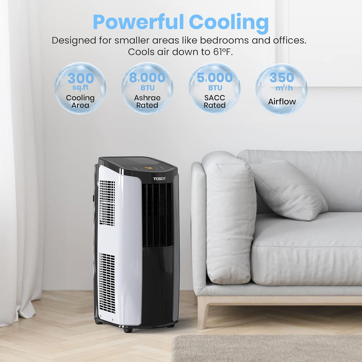 tosot 9,700btu (5,000 btu sacc) portable air conditioner shown in use