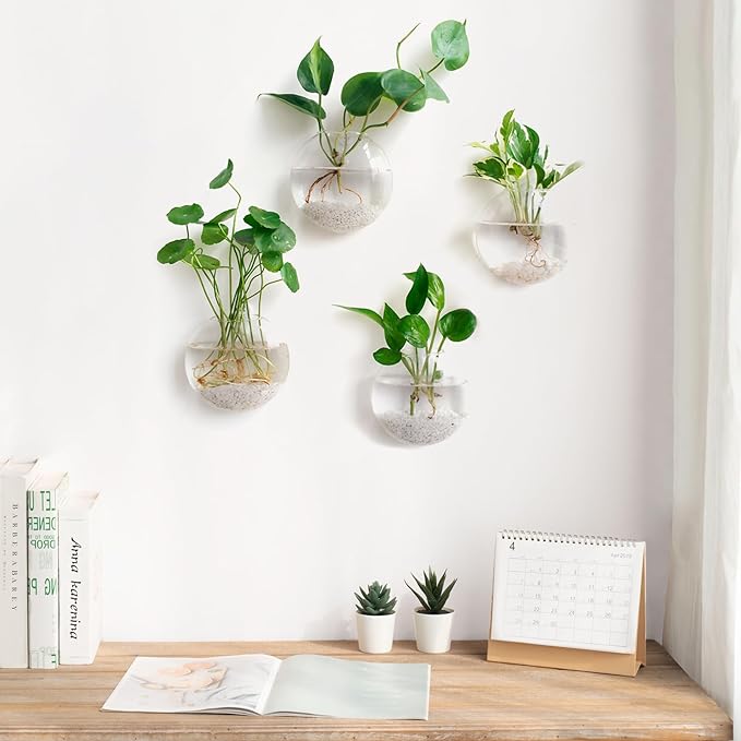 Mkono Wall Hanging Glass Terrariums Planter Oblate Flower Vase for Hydroponics Plants, Bathroom, Home Office Living Room Decor, Set of 2