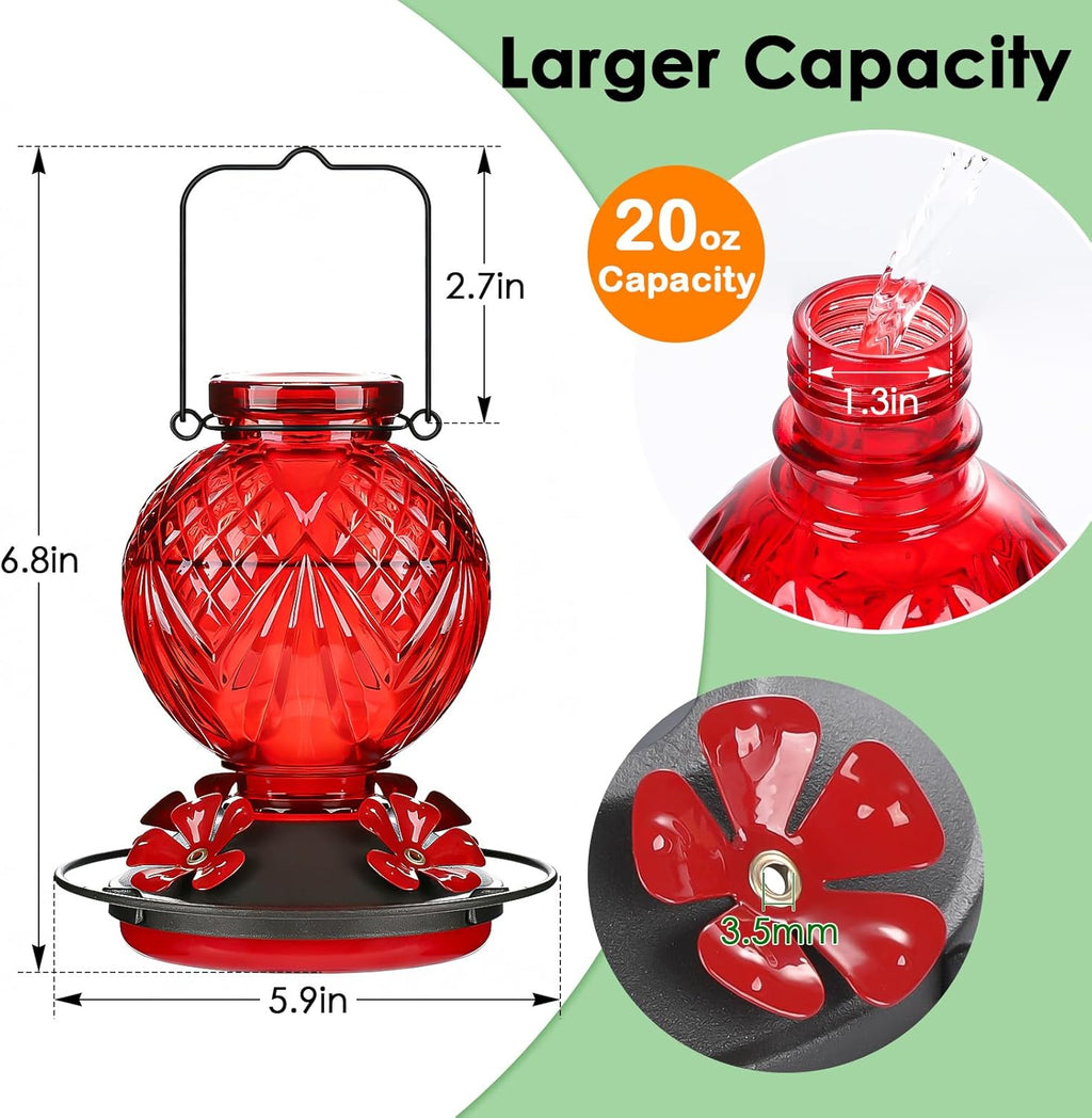20oz Glass Hummingbird Feeder for Outdoor with Anti-Bee Ports, Red | Attract More Hummingbirds, Durable Glass, Leak-Proof, Easy To Clean, Built In Ant Moat, Bird Lover Gift, Hanging Garden Decor
