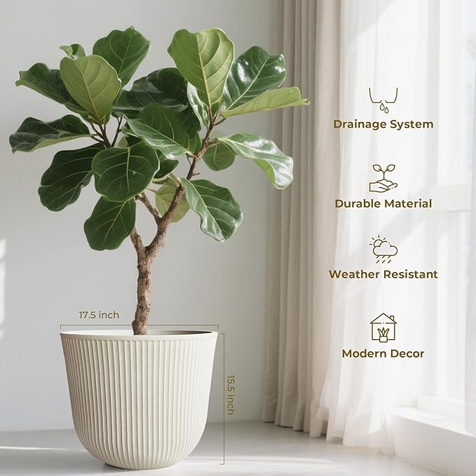 WORTH Garden Round Large Planter Pot 1-Pack - 17.5" Dia x 15.5" H - Durable Plastic Beige Plant Tree Pots with Vertical Stripe Textured Finish, Drainage Hole for Indoor, Outdoor, Front Porch, Patio
