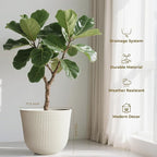 WORTH Garden Round Large Planter Pot 1-Pack - 17.5" Dia x 15.5" H - Durable Plastic Beige Plant Tree Pots with Vertical Stripe Textured Finish, Drainage Hole for Indoor, Outdoor, Front Porch, Patio