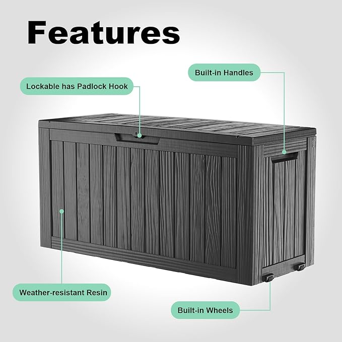 EasyUp 90 Gallon Outdoor Deck Box Waterproof, UV Resistant Resin Outdoor Storage Box for Delivery, Porch, Patio and Garden, Black