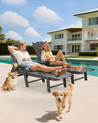 Carauci Lounge Chair Outdoor Set of 2, HDPE Chaise Lounge with Wheels, 5-Position Adjustable Backrest & 2 Cup Holders Patio Lounge Chair, All-Weather Pool Sun Lounger for Poolside, Backyard, Grey