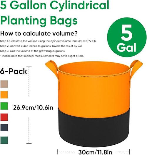 5-Gallon Grow Bags: 6 Pack Heavy Duty 350G Thickened Fabric Pots Nonwoven Felt Garden Bags for Growing Vegetable Fruit Flower with Plant Labels