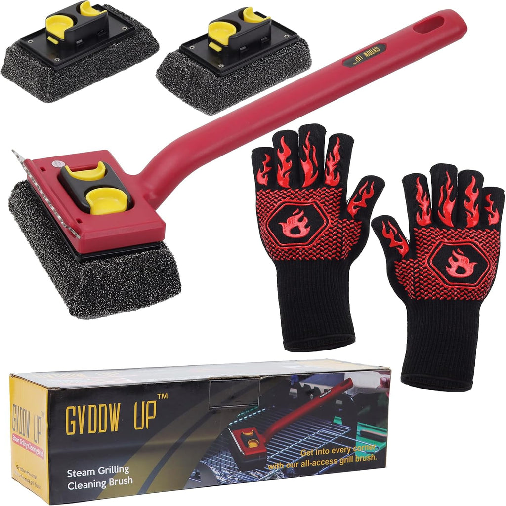 Grill Brush Bristle Free with Scraper and 2 Replacement Heads | grill cleaning brush,grill cleaner brush,grill brush for outdoor grill,grill rescue brush with heat resistant gloves