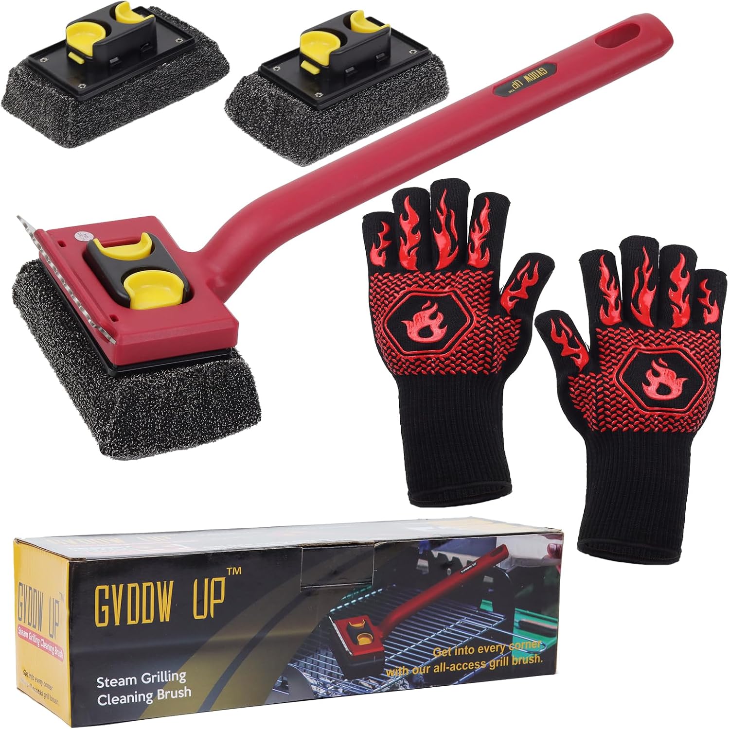 Grill Brush Bristle Free with Scraper and 2 Replacement Heads | grill cleaning brush,grill cleaner brush,grill brush for outdoor grill,grill rescue brush with heat resistant gloves