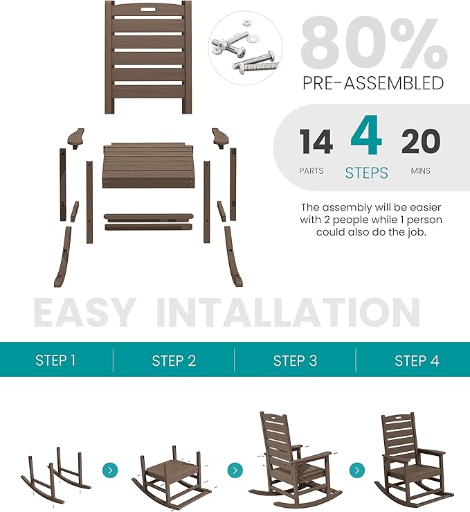 SERWALL Outdoor Rocking Chair Set of 2, Oversized Rocking Chair with Footboard for Adults, HDPE All Weather Resistant Rocking Chairs for Patio, 350lbs Weight Capacity,Coffee