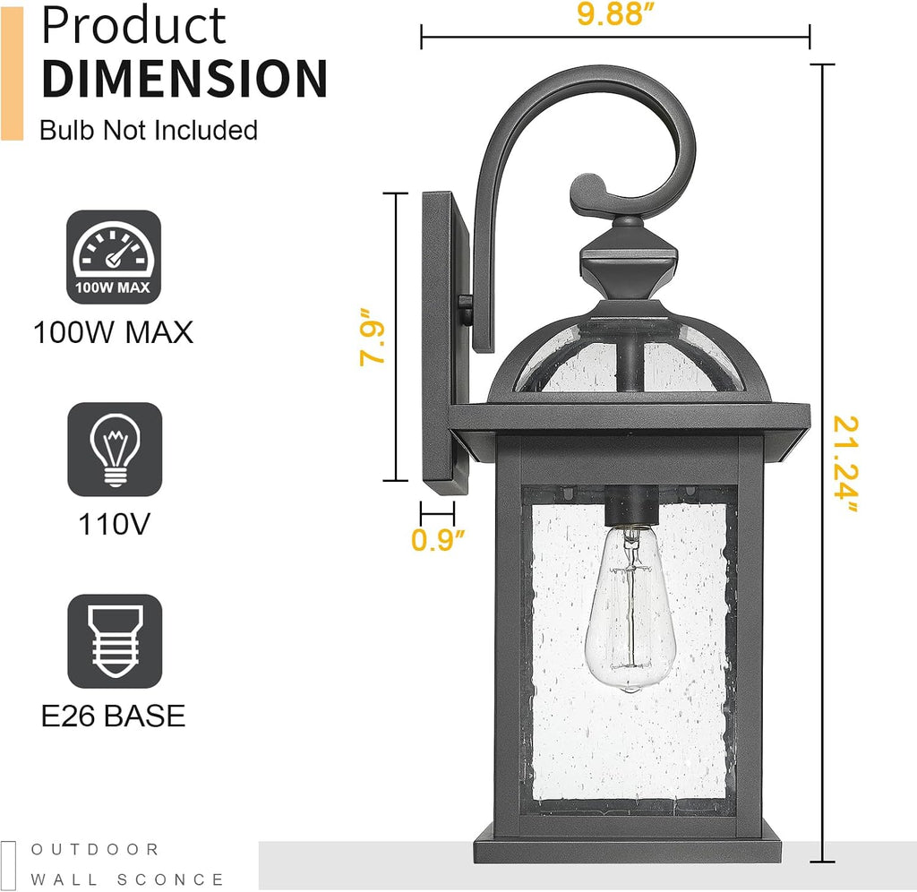 Darkaway Dusk to Dawn Outdoor Lights Fixture Wall Mount,Large 22inch Exterior Wall Light with Seeded Glass Waterproof Black Outside Wall Sconce for House Porch Hallway Garage