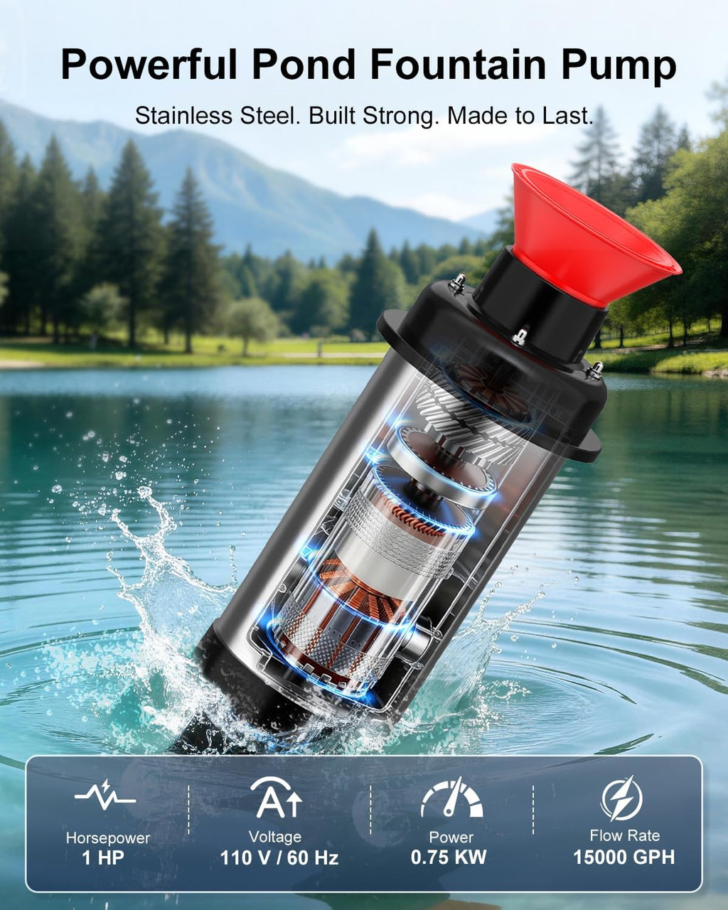 SYY Pond Fountain Aerator, 1HP 15000 GPH 110V Stainless Steel Floating Fountain Pump with Timer, 100FT Power Cord & 2×100FT Rope, Energy Efficient for Water Circulation & Oxygenation in Large Ponds