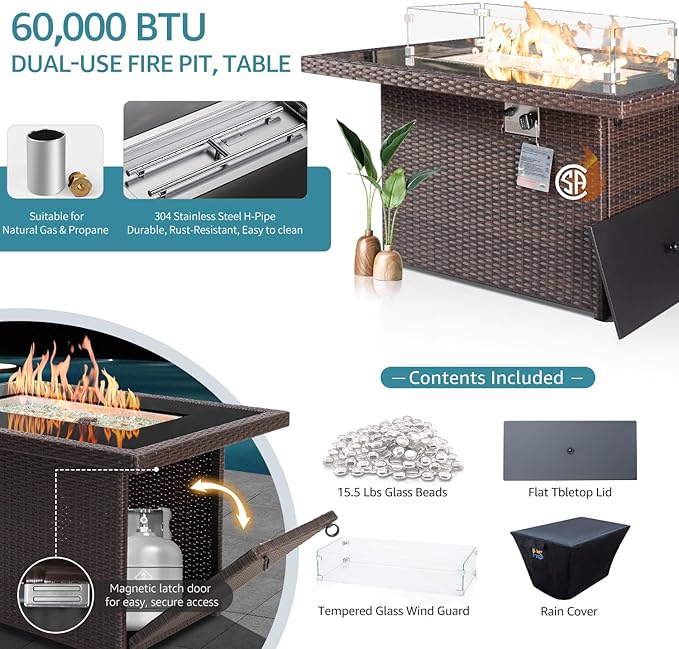 NICESOUL Modern Outdoor Couches with Firepit Table Propane/Natural Gas, 29.3'' High Back Comfy Conversation Set with Fireplace, 10 Seater Large Wide Patio Furniture Set, Brown Rattan and Teal Cushion