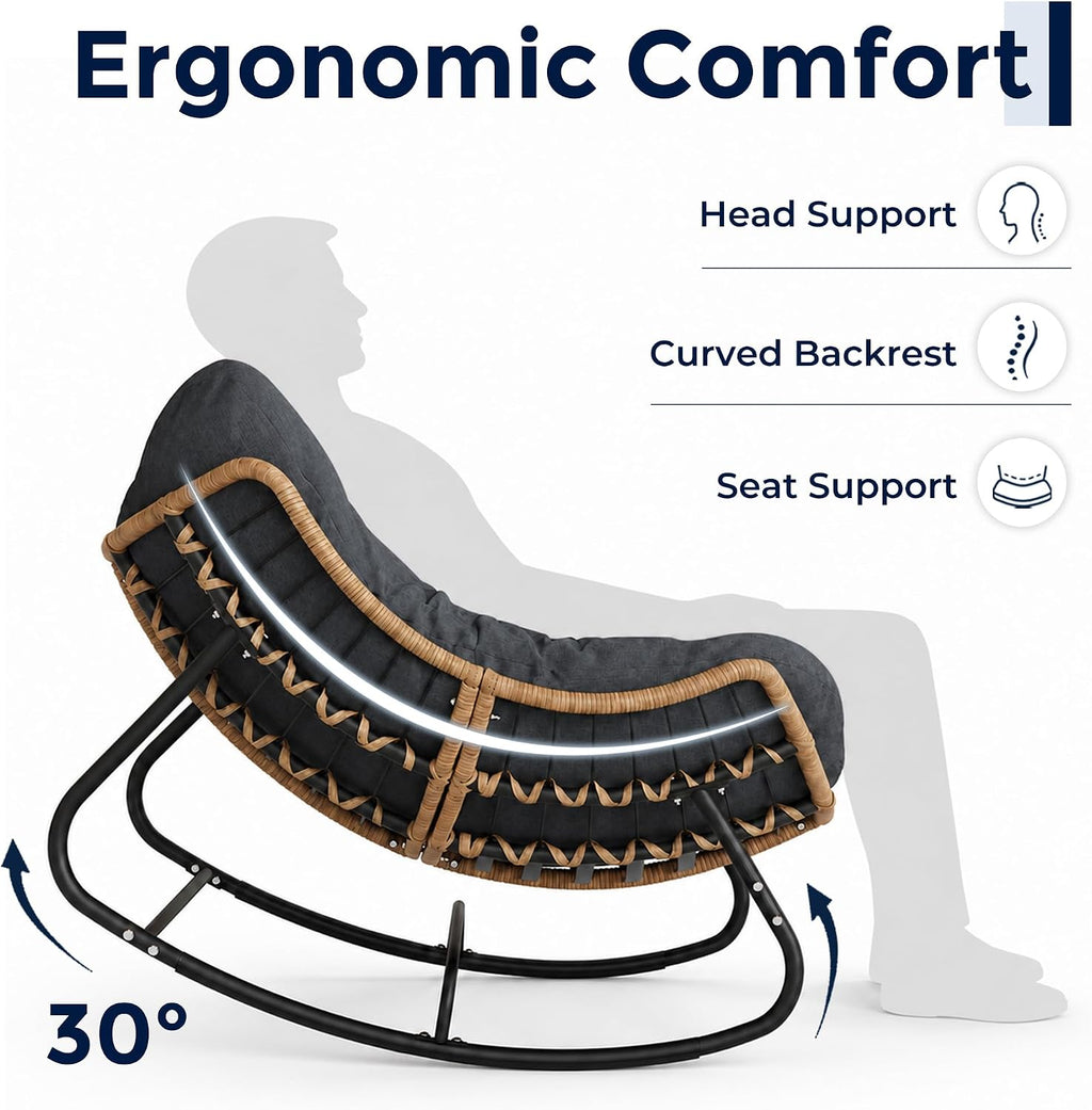 Papasan Rocking Chair, Outdoor Wicker Egg Rocker with Cushion, Grey | Comfy Oversized Reading Chair, Cozy 30°-Rock Bed with 6" Cushion, Steel Frame 450LBS Capacity for Patio Porch Lawn