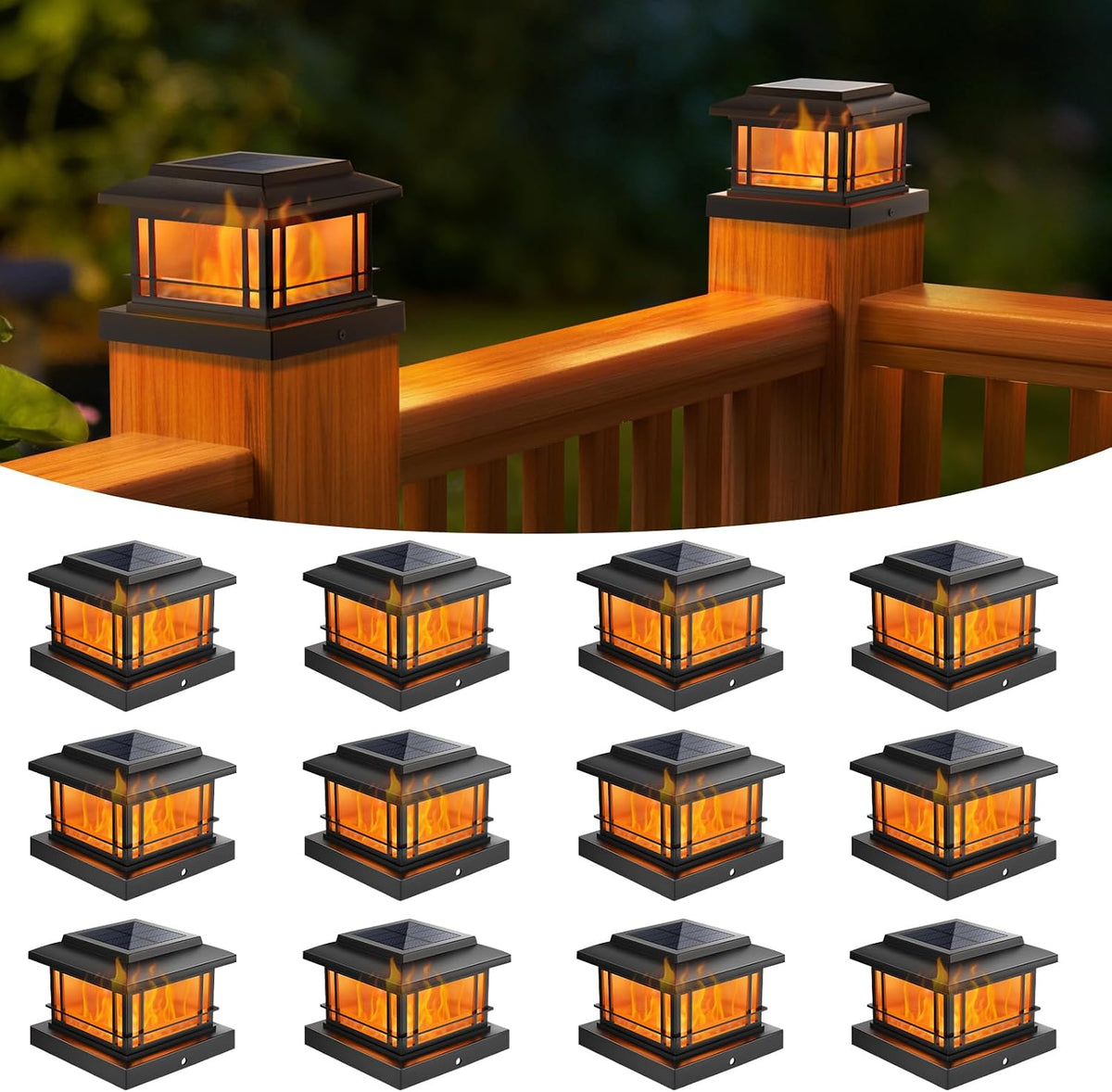 niorsun 4x4 post solar lights with flame light, main product view