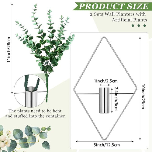 2 Pieces Wall Decor Hanging Planters with Artificial Plants Metal Hanging Vase Indoor Plants Holder Modern Boho Wall Art for Bathroom Bedroom Living Room Decor(Silver, Eucalyptus)