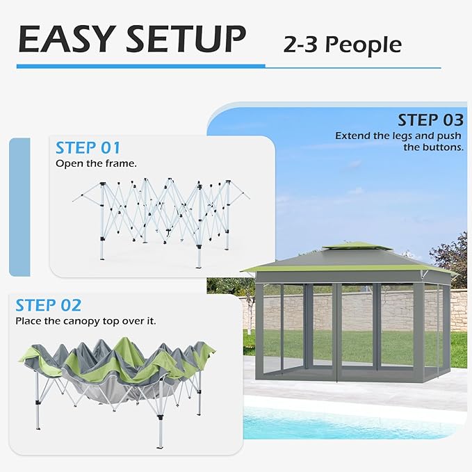 ECOTOUGE 11 FT Pop Up Canopy Tent with Mosquito Nettings, Instant Shelte gazebos on Clearance w/Carrying Roller Bag, Waterproof and UV Resistant Canopy Tent for Grill, Garden and Backyard Grey-Green