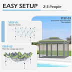 ECOTOUGE 11 FT Pop Up Canopy Tent with Mosquito Nettings, Instant Shelte gazebos on Clearance w/Carrying Roller Bag, Waterproof and UV Resistant Canopy Tent for Grill, Garden and Backyard Grey-Green
