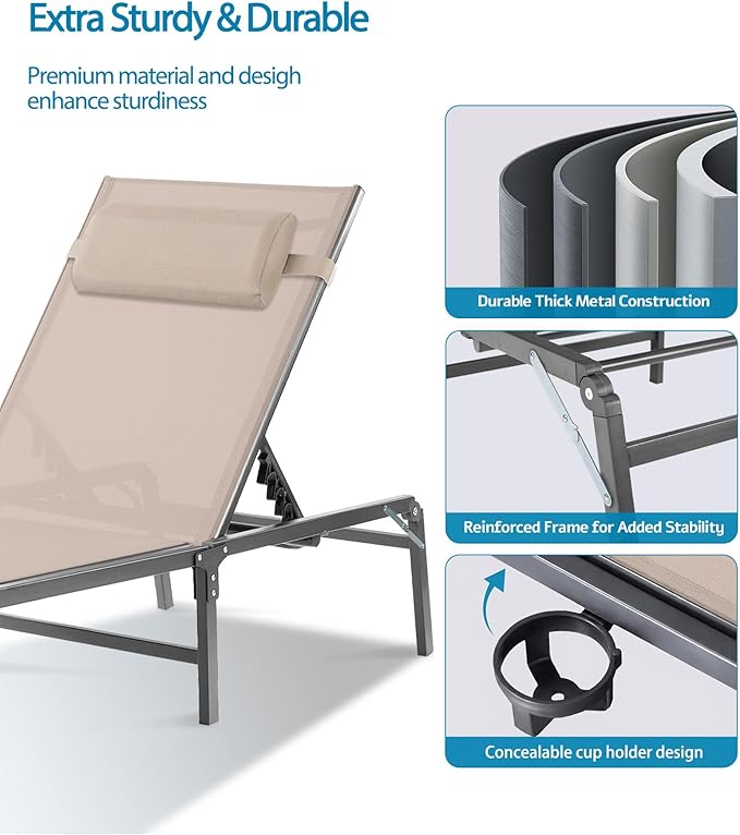 2 Pack Foldable Chaise Lounge Chair with Cup Holder, Assemble-Free Outdoor Lounge Chair with Detachable Pillow and 6 Adjustable Backrest, Patio Lounge Chair for Outside Poolside Beach Pool, Khaki