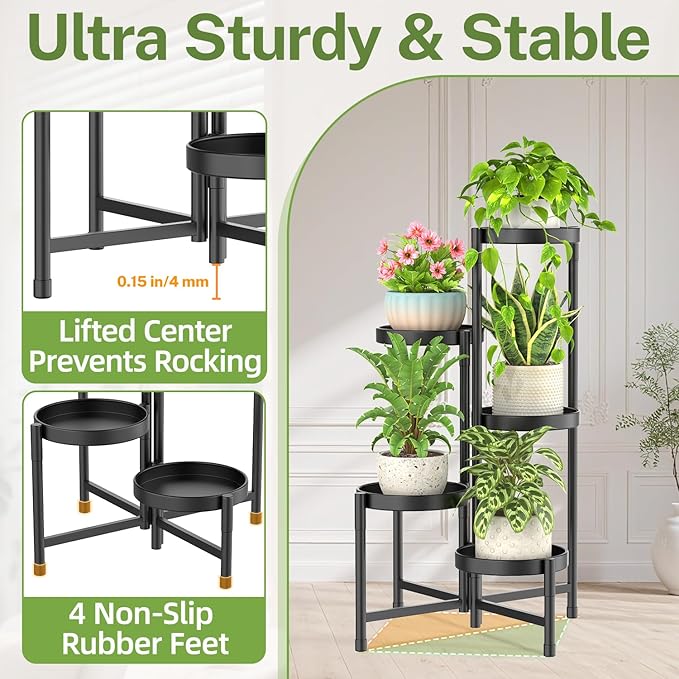 iDavosic.ly Plant Stand Indoor with Grow Light, 5 Tier Corner Metal Flower Display Holder Shelf, Easy Assembly Folding Tall Orchid Rack for Patio Balcony Porch Garden Living Room House, Black