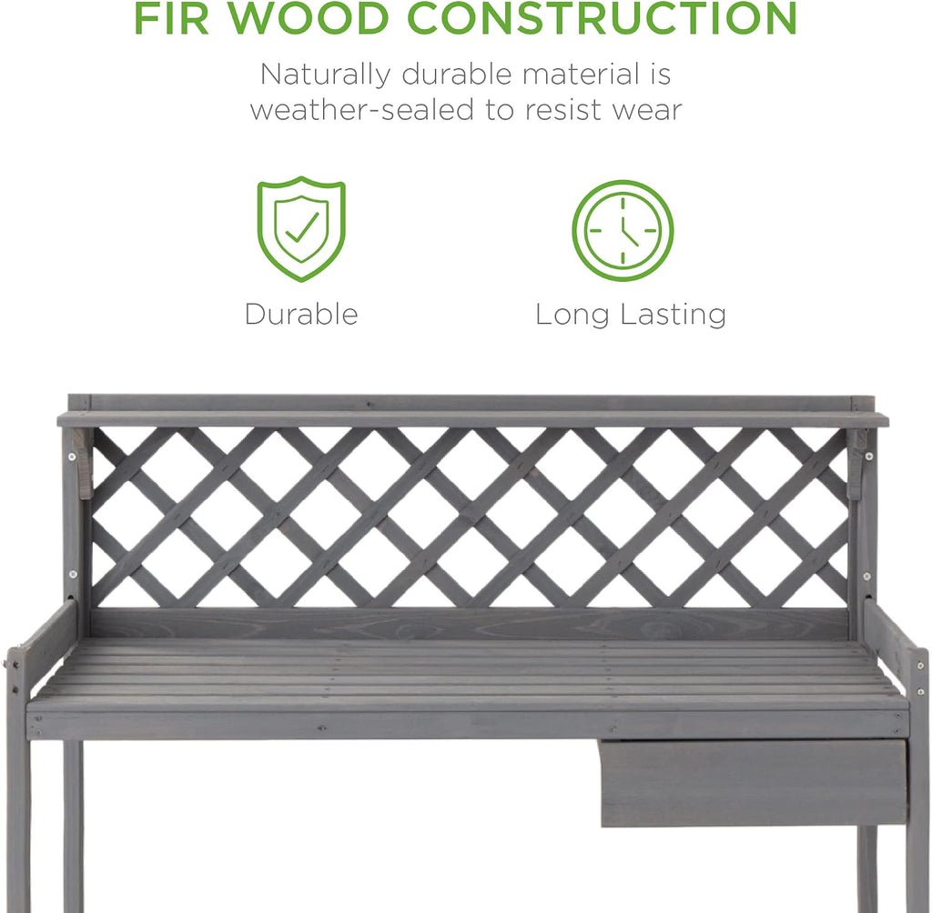 best choice products outdoor garden potting bench, wooden shown in use