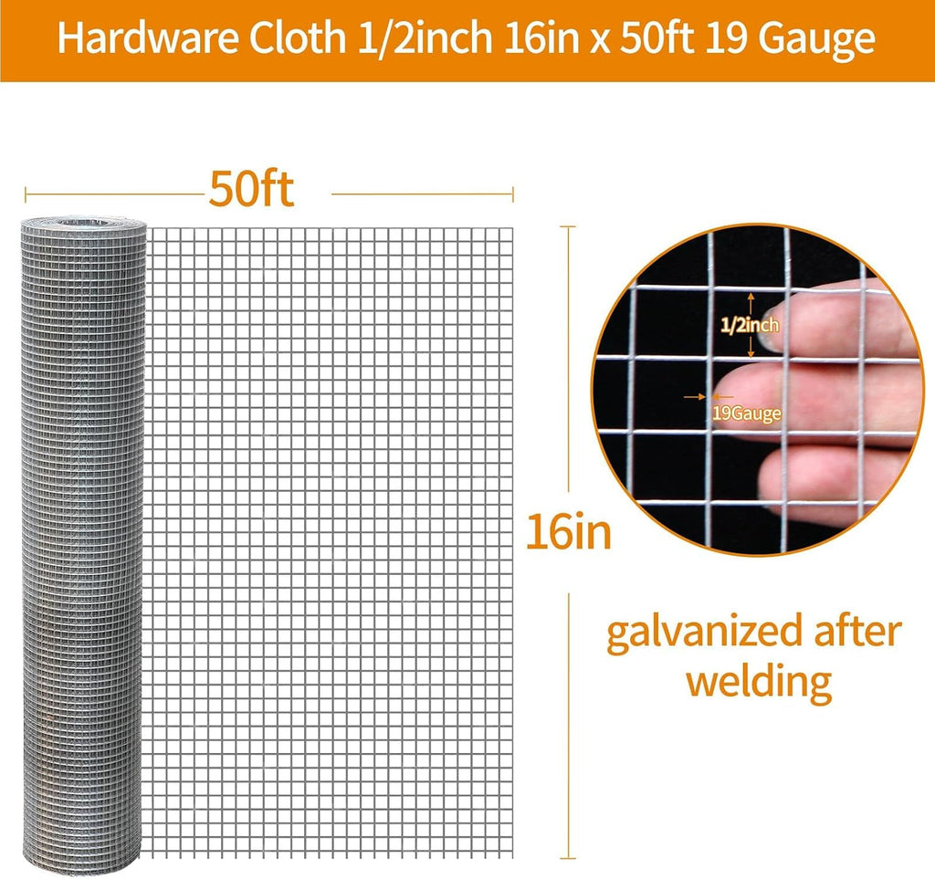 Gartist 1/2inch 16"x50' Chicken Wire Fencing Roll, Galvanized Hardware Cloth, 19Ga Hot-Dip Welded Preventing Snakes, Raccoons and Foxes