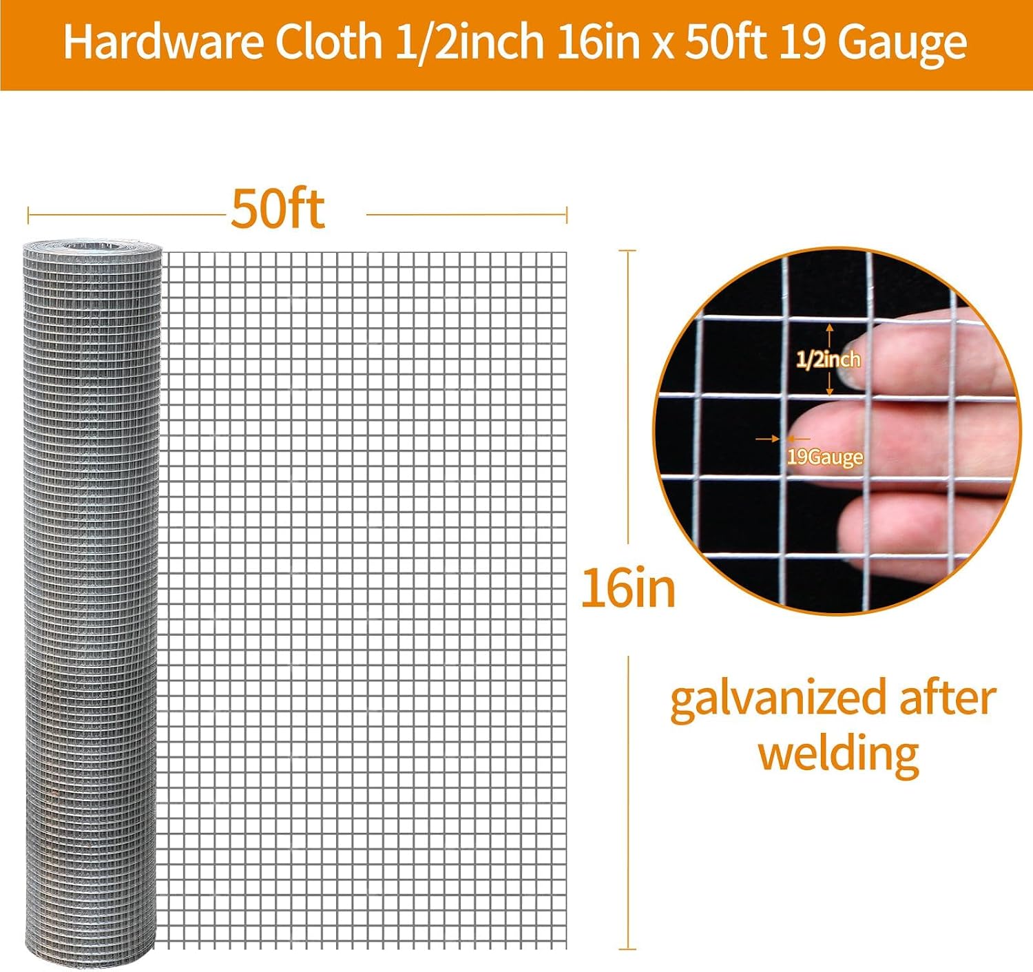 Gartist 1/2inch 16"x50' Chicken Wire Fencing Roll, Galvanized Hardware Cloth, 19Ga Hot-Dip Welded Preventing Snakes, Raccoons and Foxes