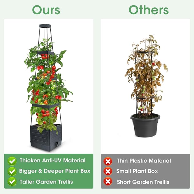 MQUPIN Tomato Planter Box with Trellis for Garden, 57 Inch Self-Watering Raised Garden Bed, Patio Tomato Cage for Climbing Vegetables & Flowers, Upgraded Tomato Pot for Indoor Outdoor Use (2 Pack)