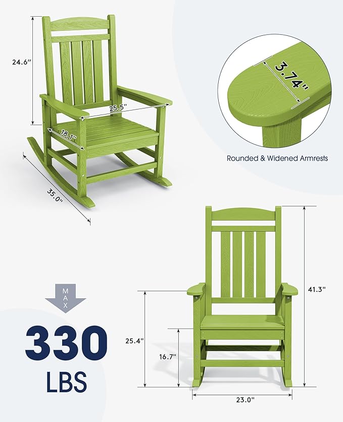 KINGYES Outdoor Rocking Chair Set of 2, High Density Polyethylene Patio Rocking Chairs with 330lbs Support for Adults, Pistachio Green