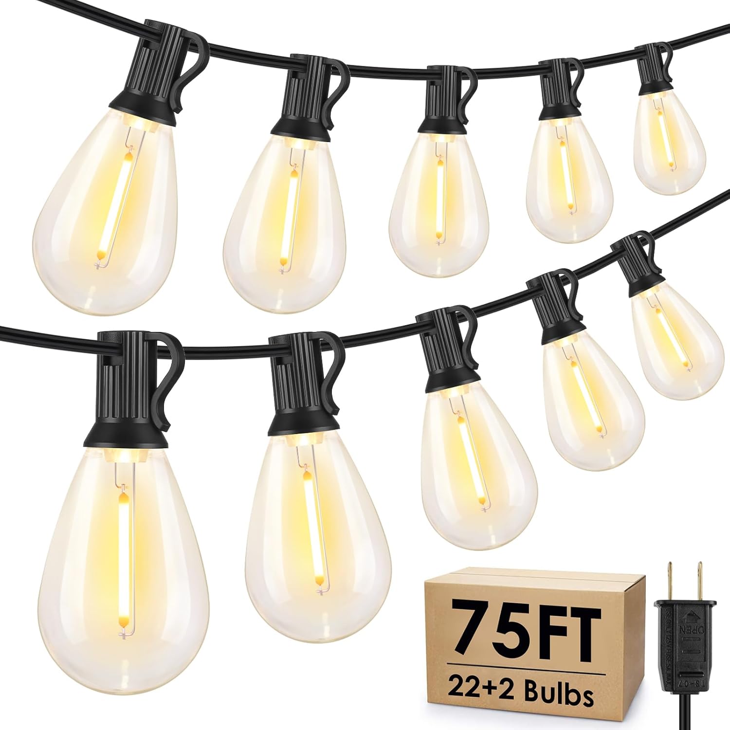 75FT LED Outdoor String Lights, Patio Light, 22+2 S11 Bulbs, Black | Plug in, Dimmer not included, Dimmable, Waterproof, Shatterproof, Connectable Hanging Lights for Backyard Porch, Warm White