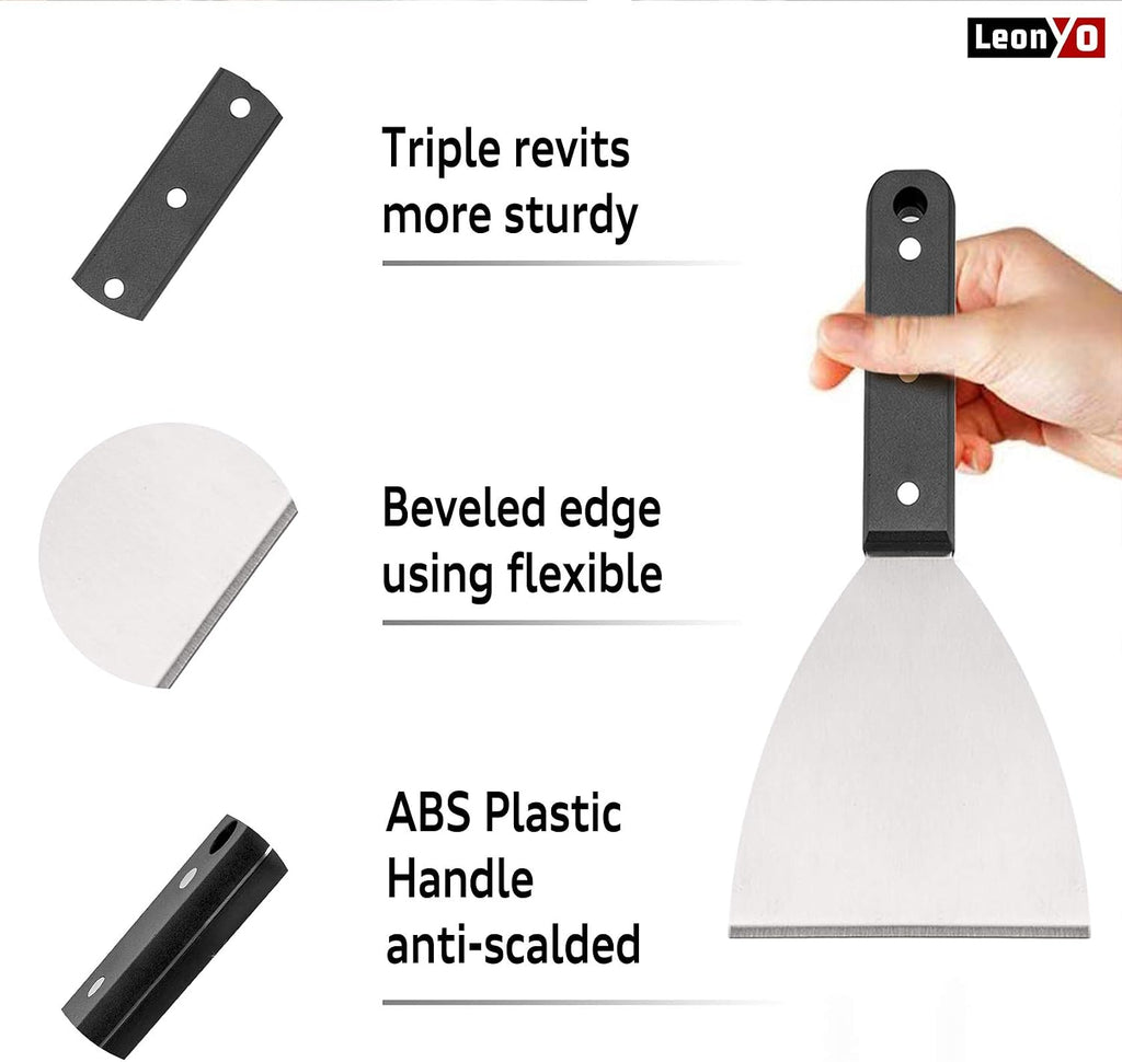 Leonyo Metal Griddle Spatula Scraper Tool For Barbecue Food, 2 Pack | Stainless Steel Griddle Scraper For Flat Top Grill, Heavy Duty Grill Scraper Diner Flat Straight Blade With Plastic Handle