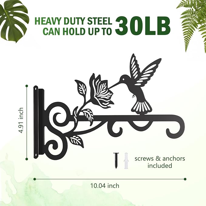 2-Pack Aesthetic Plant Hangers Outdoor – 10 Inch Metal Hanging Plant Bracket with Beautiful Hummingbird Pattern – Anti Rust Plant Hooks for Hanging Plants, Bird Feeder, Windchime, Lantern
