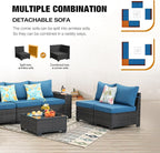 10 Pieces Patio Furniture Set All-Weather Outdoor Wicker Sectional Conversation Sofa Rattan Patio Seating Sofa with Cushion and Glass Table for Porch Poolside,Peacock Blue