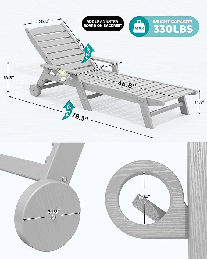 SERWALL Patio Chaise Lounge Chair Set of 2, 78'' Long 5-Positions Adjustable HDPE Outdoor Lounger for Pool, Poly Lounge Chair with Rolling Wheels & Cup Holder for Poolside, Deck, Space Grey
