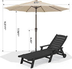 SERWALL Patio Chaise Lounge Chair Set of 2 with 9FT Patio Umbrella, 78'' HDPE Outdoor Lounger, Poly Lounge Chair with Rolling Wheels & Cup Holder for Pool,Obsidian Black (Umbreall Base not Included)
