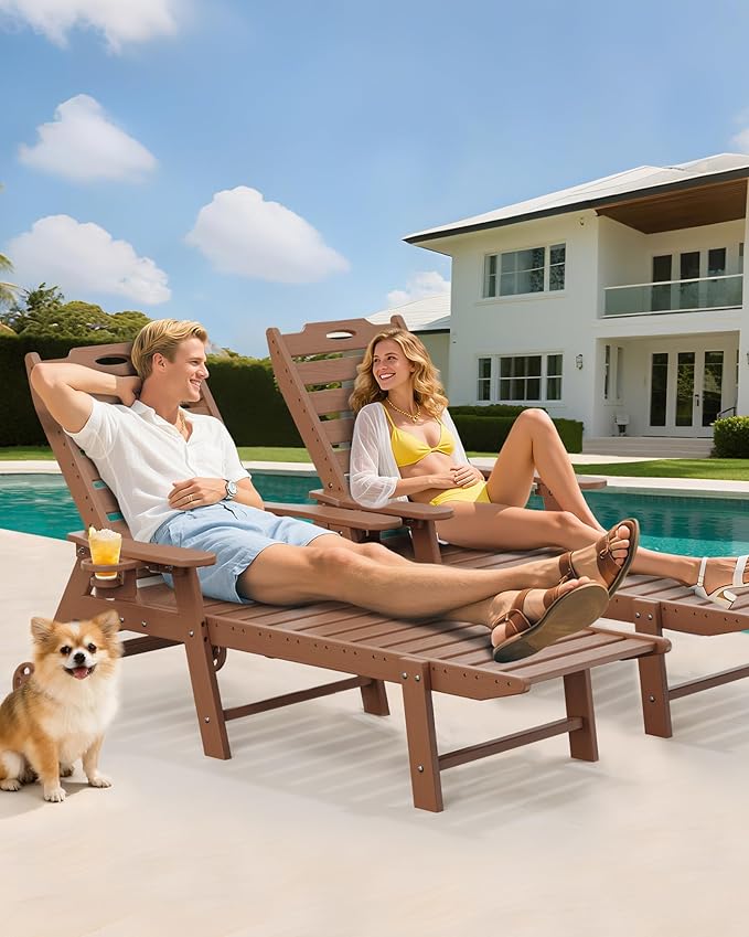 Carauci Lounge Chair Outdoor Set of 2, HDPE Chaise Lounge with Wheels, 5-Position Adjustable Backrest & 2 Cup Holders Patio Lounge Chair, All-Weather Pool Sun Lounger for Poolside, Backyard, Teak