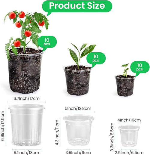30 Packs 7/5/4 Inch Reinforced Clear Nursery Pots with Drainage Hole, Transparent Variety Pack Plastic Plant Pot Seedling Planter for Vegetable Propagation, Root Cutting, Seed Starting