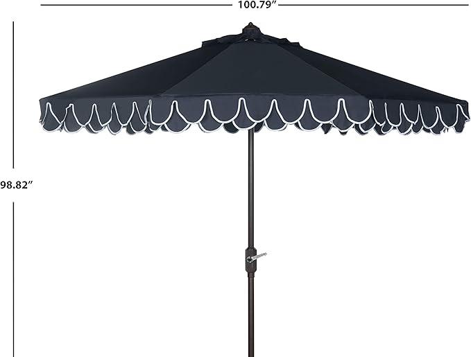 SAFAVIEH 9ft Outdoor Patio Umbrella, Round, Valance, Navy & White Trim, Auto Crank Tilt, UV Resistant for Deck, Backyard, Poolside (PAT8006A)