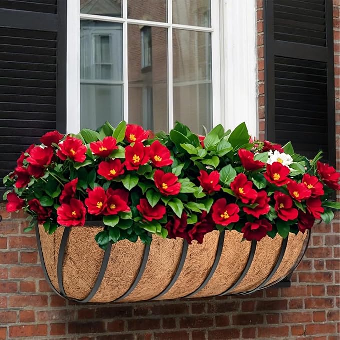 hehimhis Balcony Planters Railing Hanging 24inch 4 Pack Window Planter Box with Adjustable Bracket with Coco Liner for Porch Fence Patio Hanging Planters for Garden Outdoor Boxes