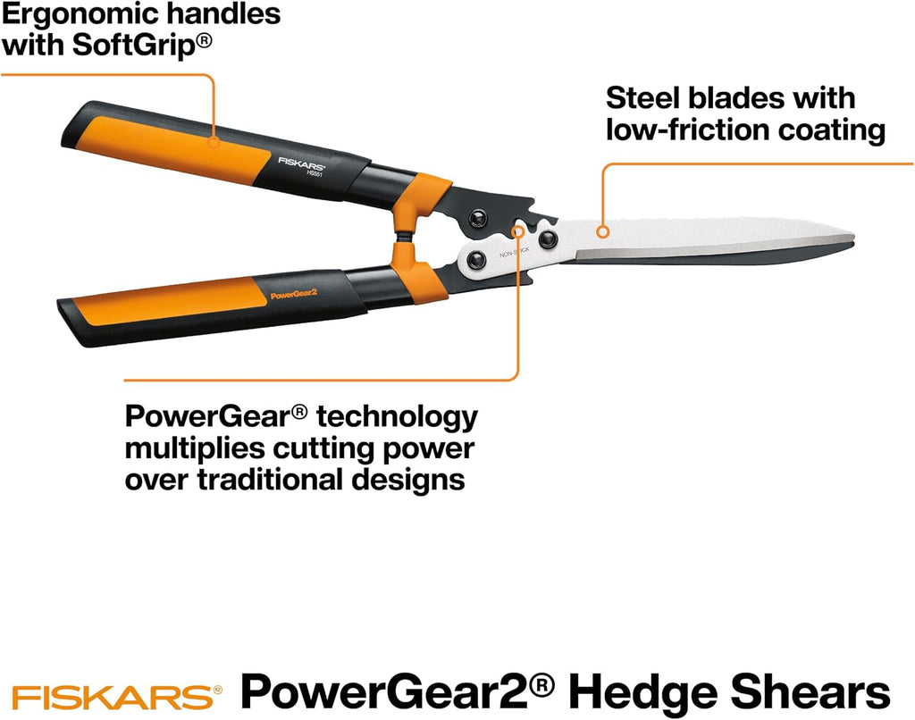 Fiskars 23" PowerGear2 Garden Hedge Shears, Hedge Clippers, 10" Blades | PowerGear2 Technology Multiplies Power for Less Effort, SoftGrip Handles and Shock-Absorbing Bumpers