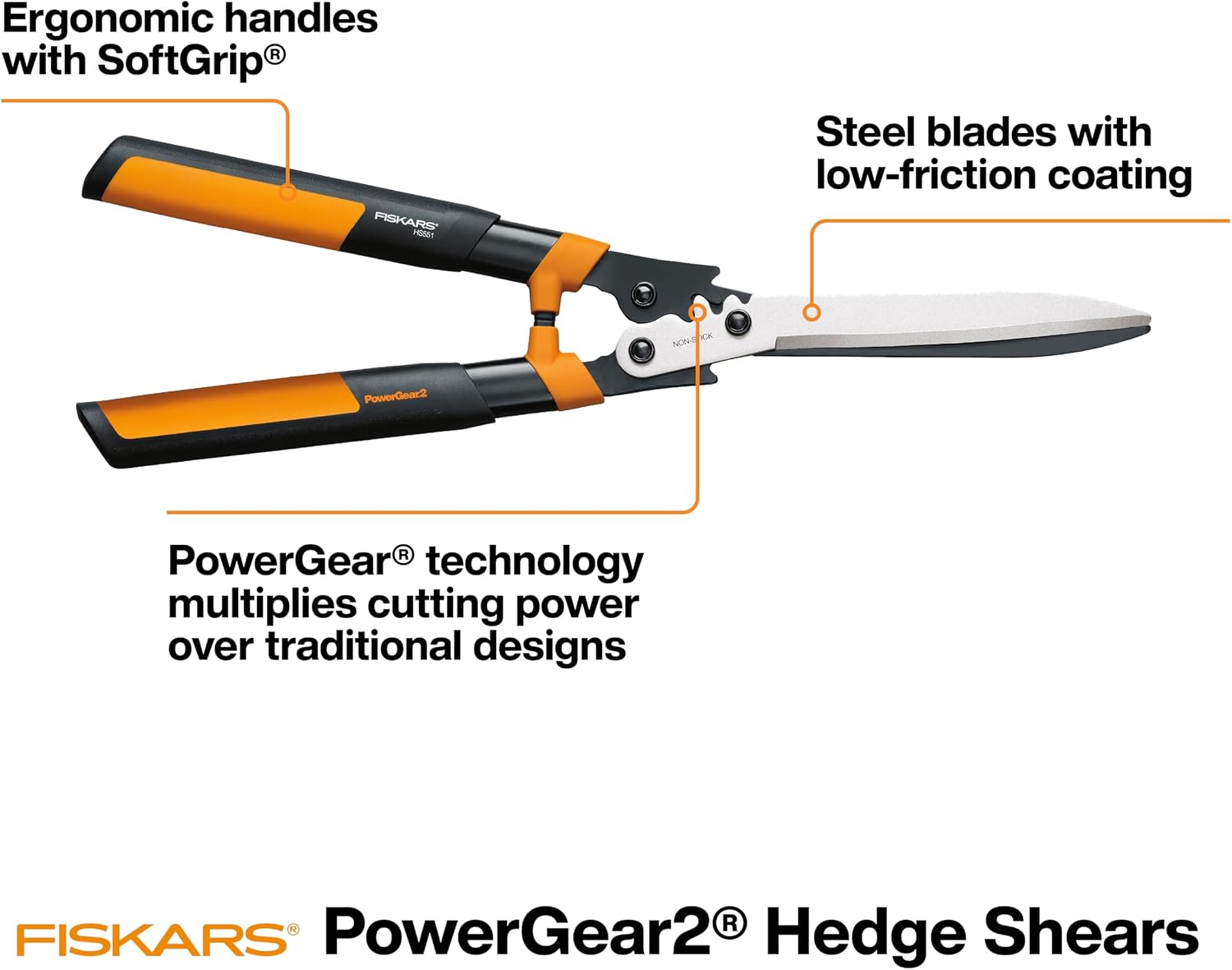Fiskars 23" PowerGear2 Garden Hedge Shears, Hedge Clippers, 10" Blades | PowerGear2 Technology Multiplies Power for Less Effort, SoftGrip Handles and Shock-Absorbing Bumpers