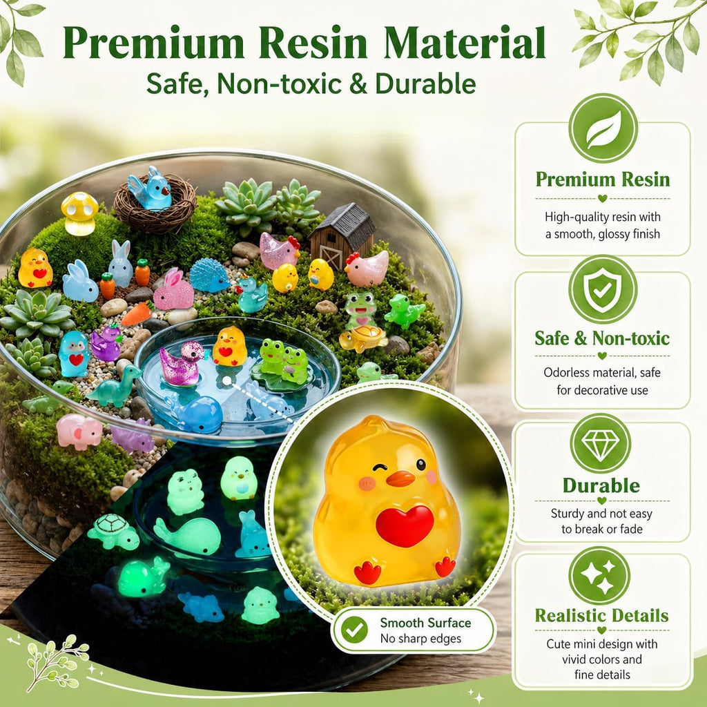 35Assorted Mini Resin Animals: 100Pcs Luminous Resin Figurines Variety Pack - Glow in the Dark Plastic Little Ducks Hedgehog Frog Rabbit Dinosaur for Fairy Garden Aquarium Fish Tank Décor