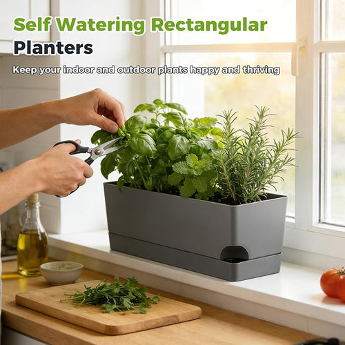 2 Pack Rectangle Self Watering Pots for Indoor Plants 17 Inches Window Boxes Planters Rectangular Flower Pots Herb Large Plant Pots with Drainage Holes and Saucers Windowsill Planter, Grey