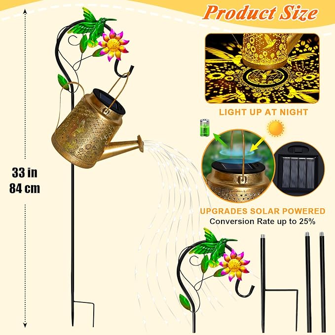 Hummingbird Solar Lanterns Garden Decor, Outdoor Waterproof Watering Can with Shepherd Hook, Solar Garden Decor for Yard Outdoor Landscape Pathway, Gifts for Women Mom Grandma Birthday Christmas Gifts