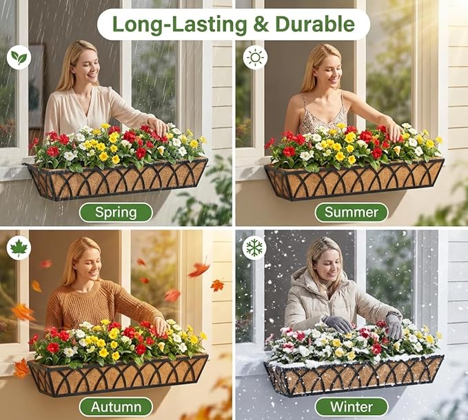 30 Inch Window Deck with Coco Liner, Fence Metal Hanging Flower Planter Window Basket Deck Railing Planter Boxes for Outdoor Garden Lawn，30" Window Boxes Horse Trough with Coconut Coir Liner, 4pcs