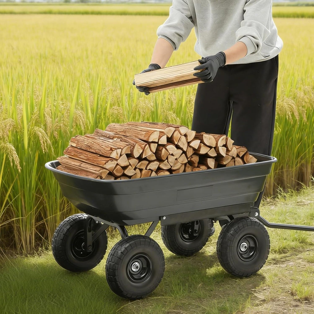 garden dump cart 660lb heavy-duty steel frame flat-free, front angle view