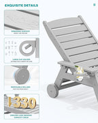 SERWALL Patio Chaise Lounge Chair Set of 2, 78'' Long 5-Positions Adjustable HDPE Outdoor Lounger for Pool, Poly Lounge Chair with Rolling Wheels & Cup Holder for Poolside, Deck, Space Grey