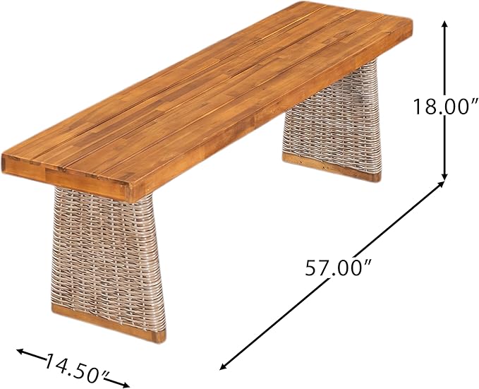 Christopher Knight Home Pasco Acacia Wood Outdoor Dining Table Set for 6, Wicker Patio Dining Set with Acacia Wood Table and Bench, Patio Table and Chair Set with Cushion+Rope Back, Black+Teak+Brown