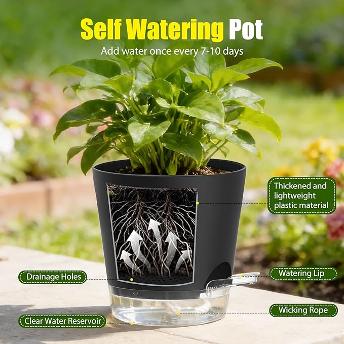 Plant Pots 5 Inch Self Watering Pots,6 Pack Plastic Planters with Drainage Holes and Clear Saucers,Plastic Flower Pots,Nursery Planting Pot for Indoor Out Door Plants (Black)